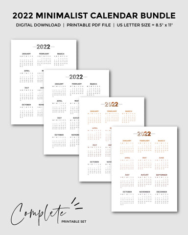 2022 Minimalist Yearly Calendar Bundle [4-Page Printable]